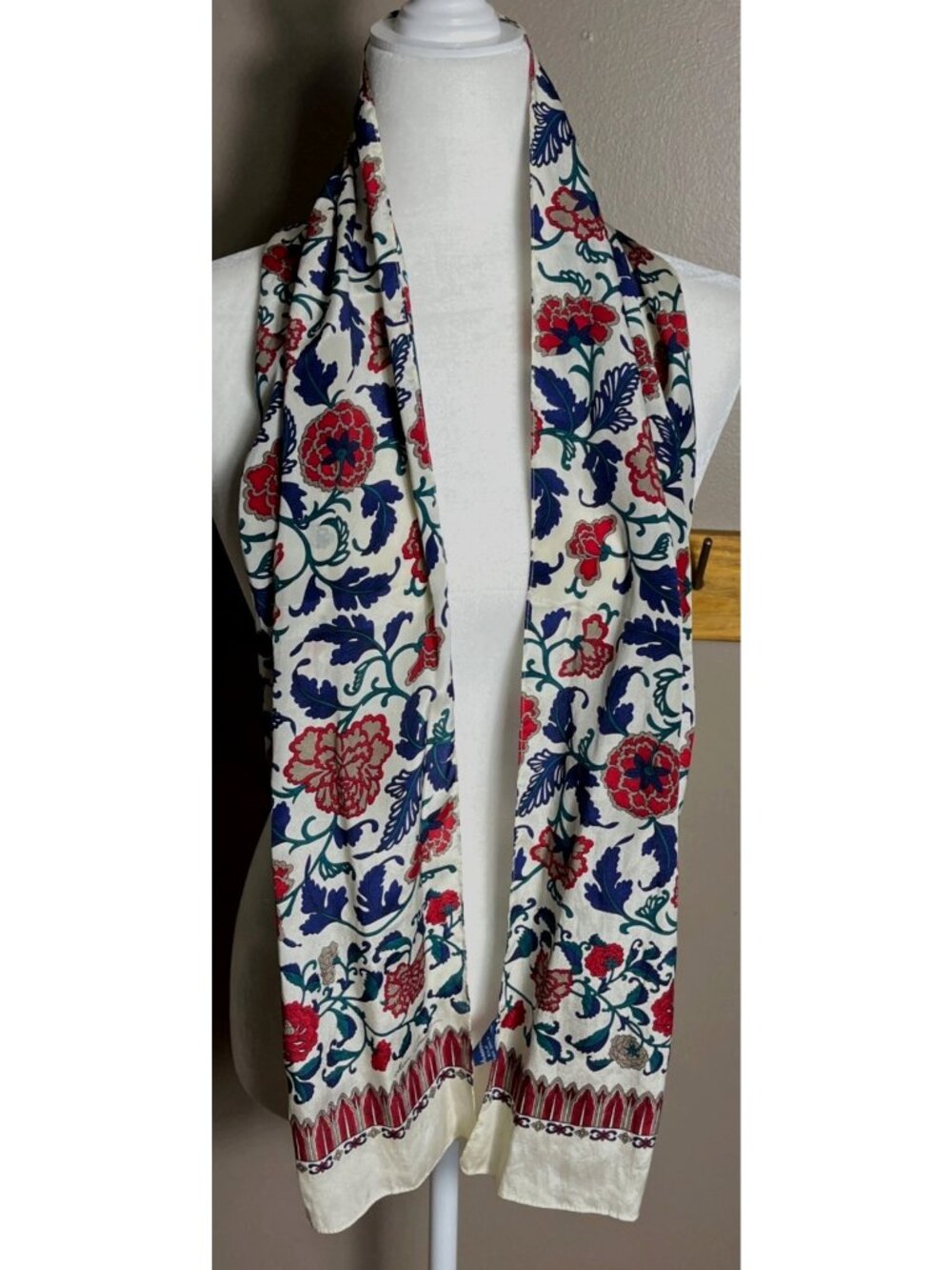 1986 Ginnie Johansen Silk Scarf Vtg Jewel Tones Floral Preppy Luxury Rectangular - Picture 6 of 7
